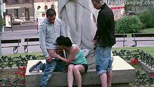 Daring public threesome by the statue