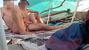 Stepson Flashes Cock At Stepmom On Public Beach For Risky Cumshot