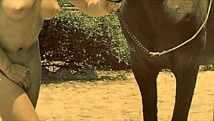 Watch vintage taboo action with hairy pussy and pooch outdoors.