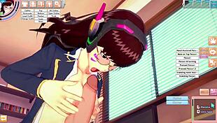 D Va rides and sucks in the room during deepthroat parody game