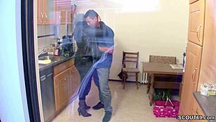 German milf seduces young virgin teen in the kitchen. Stranger fucks her to facial.