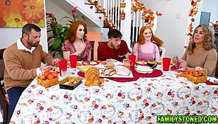 Redheads Arietta and Cherry Host Nate for Thanksgiving Fun