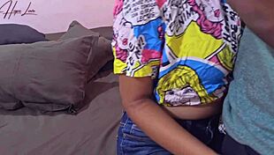 The hot neighbor in jeans lets the big dick guy fuck her wet hairy pussy in missionary