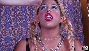 Olive skinned teen gives deepthroat blowjob in bondage