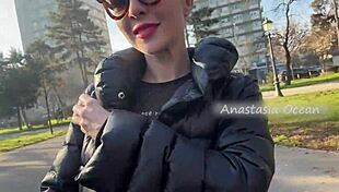 Beautiful blonde flashes natural big tits in public park