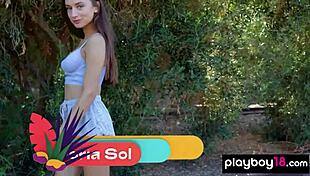 Gloria Sol Strips Naked, Posing Her Big Natural Tits by the Rails.