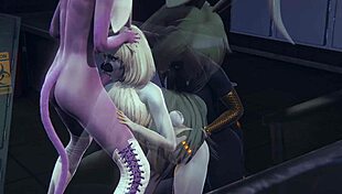 In the anime world, anubis the dogboy and mew the catboy engage in hard sex with a bunnyboy in a sissy crossdress threesome