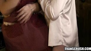 Busty shemale performs cunilingus and fucks lesbian girl in the kitchen with intense licking and sucking