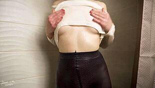 hot milf showering in tight pantyhose