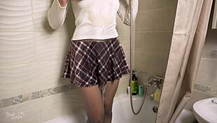 hot milf showering in tight pantyhose