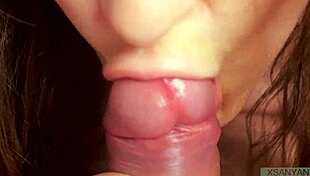 Close-up milking mouth sucks cock with tongue and lips for cumshot blowjob