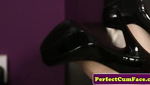 brunette student gives sloppy blowjob in shower and swallows