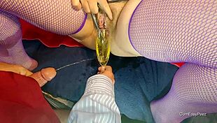 Watch this homemade scene where an old guy gets a huge handjob in stockings, leading to cum and piss play.