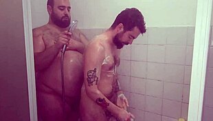 Bareback fun in shower with daddy
