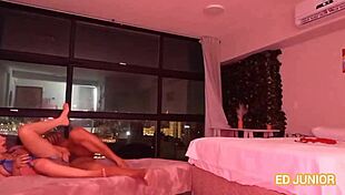 well-hung guy pounds latina in lingerie during carnival creampie