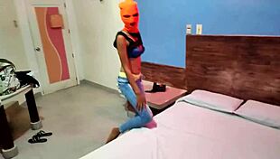 Brunette Stepsister Celebrates Halloween in Hotel Bed with Mask and Sexy Hip Shakes