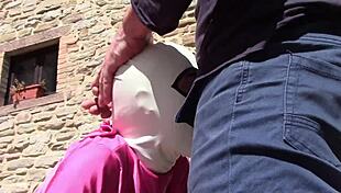 laura gives outdoor blowjob in pink outfit on heels with monster cock