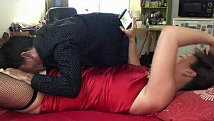 Fucking white amateur milf in red satin dress POV