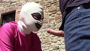 laura gives outdoor blowjob in pink outfit on heels with monster cock