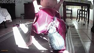 preview of milf in leather catsuit and platform boots getting roughly handled and finishing on tits