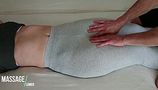 In yoga pants, he casually gropes her teen pussy during homemade massage