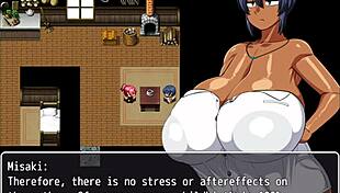 Tanned girl Natsuki in hentai game, pervy carpenter massages massive boobs