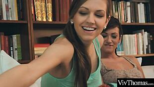 brunettes kiss passionately before one licks the others pussy