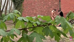 blonde babe enjoys outdoor blowjobs with group