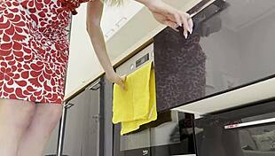 super sexy petite 18+ wife teases guy in kitchen with cock and balls play