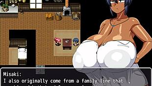 Tanned girl Natsuki in hentai game, pervy carpenter massages massive boobs