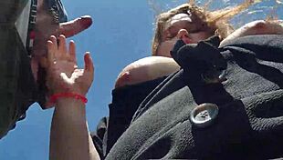 man, i love how this chubby cutie with big tits gives outdoor blowjob and plays with cum