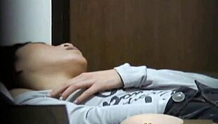 Asian babe fingerbangs hairy pussy in solo public