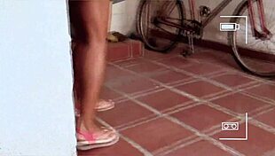 Housewife Sweeps Yard Outdoors, Craving Anal Pleasure In Lingerie