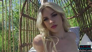 Curvy blonde teen Jazlyn Ray poses, undressing with big natural tits for Playboy