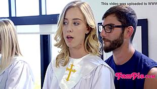 This petite blonde church girl is fucking her stepbro while singing hymns.