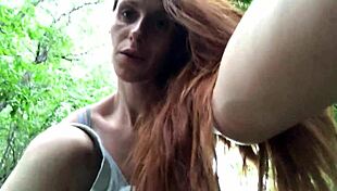 The redhead says, 'I'm stuffing undies and masturbating nude outdoors, squirting wildly'