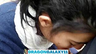 Outdoor blowjob in the park near neighbors, brunette flashing tits and pov sex 😍