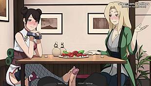 Naruto anime hentai with Tsunade and Tenten giving handjob in public restaurant