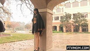 Oh wow, busty milf drinks coffee and flashes her tits on the street!