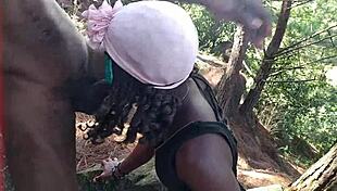 Walking in the jungle got my friend horny, so we had a threesome with hard fucking and cum eating