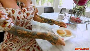 Stepmom Sarah Jessie strips, seduces the military guy, and fucks him hard.