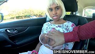 Step father seduced by step daughter's big areolas and nipples in parked car outdoors