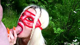 Blonde enjoys deepthroat blowjob with cum on strawberries outside