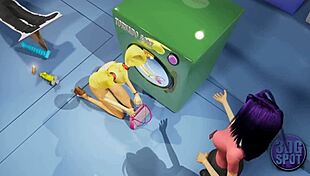 two busty lesbians fuck with double dildo in public store