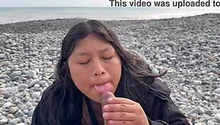 peruvian babe swallows every drop on the beach