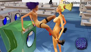 two busty lesbians fuck with double dildo in public store