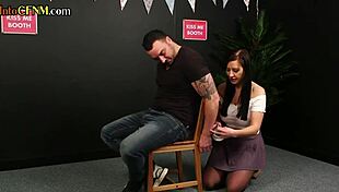 busty redhead domme contrasts with sub in cfnm sucking while voyeurs watch