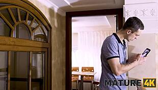 mature in red bra takes stepson's cock deep in hairy pussy