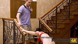 mature in red bra takes stepson's cock deep in hairy pussy