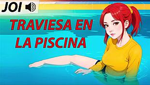 Hentai girl gives footjob in pool with Spanish instructions